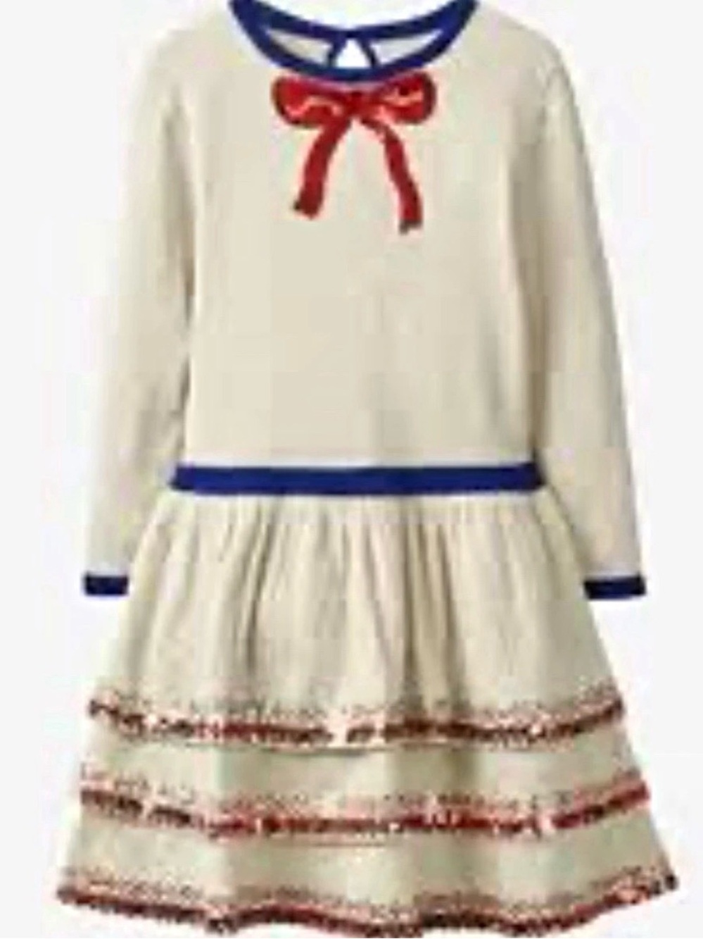 Mini Boden Girls 8-9Y Beige Knit Fit & Flare Dress Long Sleeve Sequin Bow